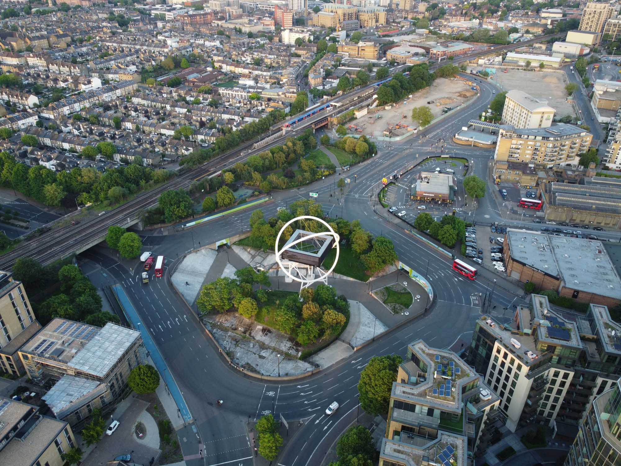 An aerial view of Wandsworth roundabout in London, UK
