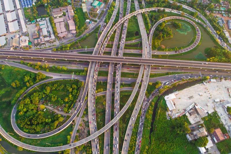 Transport junction traffic road with vehicle movement aerial view by drone